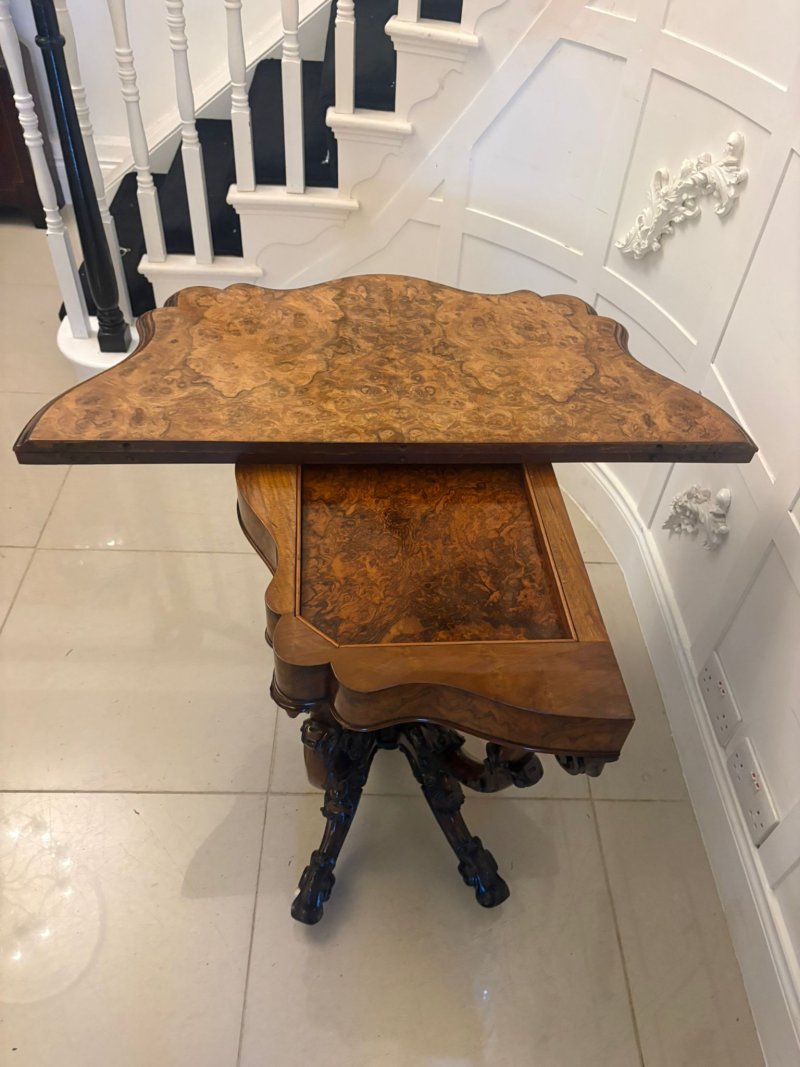 Antique Exceptional Quality Victorian Burr Walnut Card Table/Console Table with Carved Basket Base - Image 10